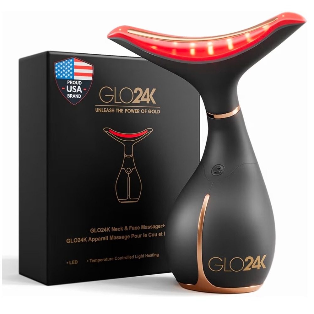 GLO24K Neck & Face Massager+ LED Light Therapy Thermal Heating Vibration Black